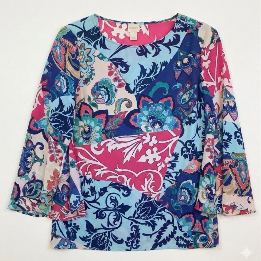 Chico's Patchwork Floral Scoop Neck Tunic in Blue, Pink & Teal